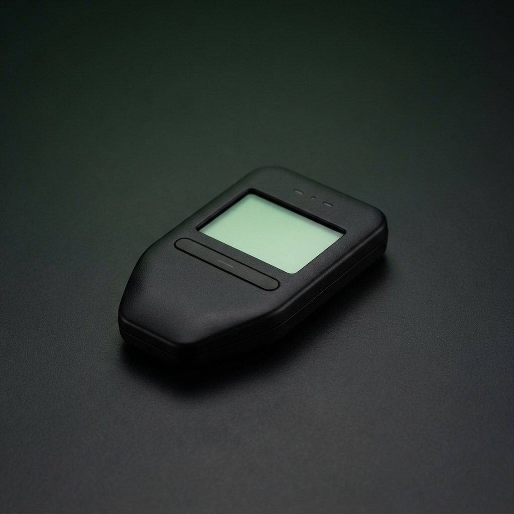 Black handheld electronic device with a blank pale-green screen and pill-shaped button on a dark surface.