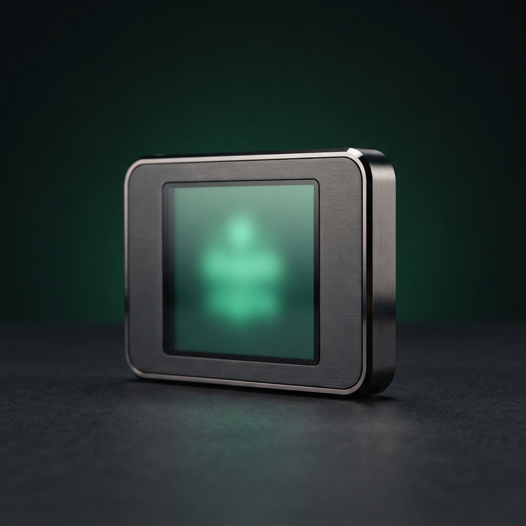 Compact dark metal electronic device with a glowing blurred green screen on a reflective surface.