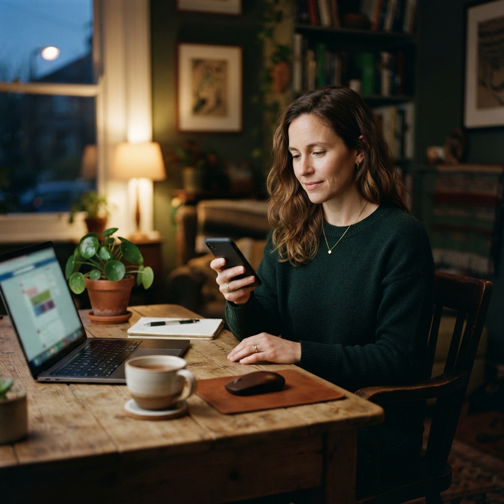 Woman looks at a smartphone at a wooden desk with a laptop, coffee, notebook, mouse, and potted plant.