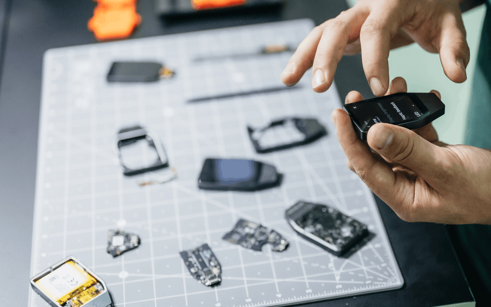 Hands inspect a small black electronic device over a gridded work mat scattered with circuit boards and components.