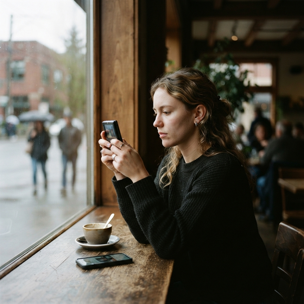 Woman in a black sweater uses a smartphone at a café window beside coffee and another phone.