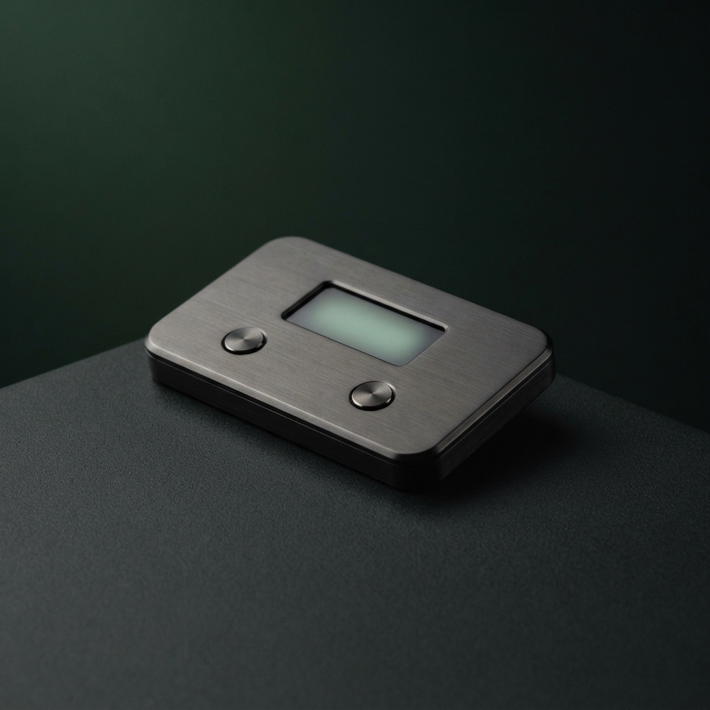 Small brushed-metal electronic device with a blank glowing display and two circular buttons on a dark surface.