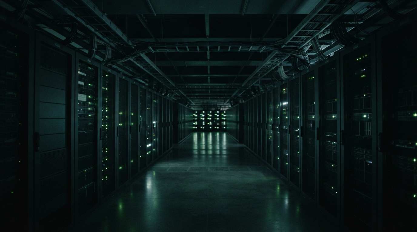 Symmetrical dark data-center aisle lined with server racks, glowing indicator lights, overhead cables, and reflective flooring.